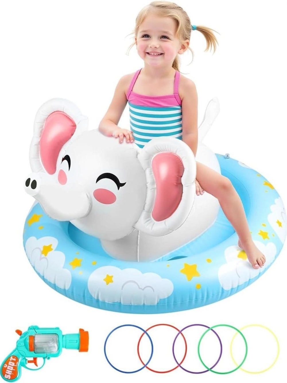 Kids Inflatable Elephant Ride-On Pool Float - Blue & White